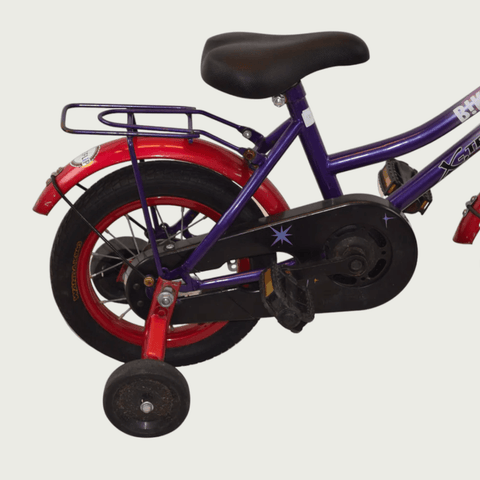 12.164 - BikeFlip, 12 inch kinderfiets, veelkleurig, paars, terugtraprem, handrem, kabelslot, zijwieltjes, mandje