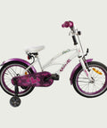 16.10 - BikeFlip, 16 inch fiets, witte en paarse fiets, terugtraprem en handrem, geen versnellingen, kabelslot, verlichting