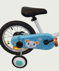 14.35 - BikeFlip 14 inch fiets, witte B-Twin kinderfiets, handremmen, geen versnellingen, kabelslot, beren kettingbeschermer.