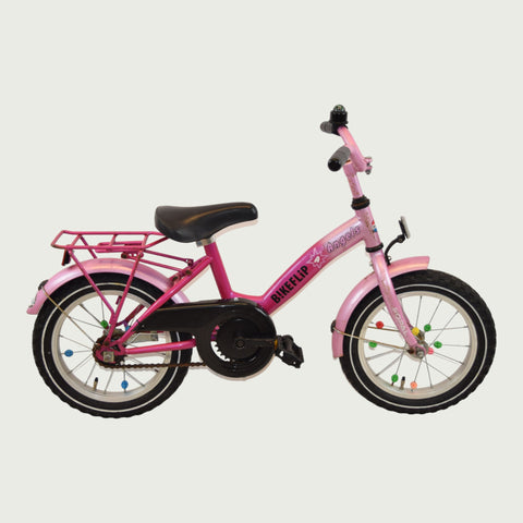 14.34 - BikeFlip, 14 inch fiets, roze kinderfiets, terugtraprem, geen versnellingen, kabelslot, fiets voor kinderen 95-105 cm