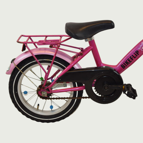 14.34 - BikeFlip, 14 inch fiets, roze kinderfiets, terugtraprem, geen versnellingen, kabelslot, fiets voor kinderen 95-105 cm