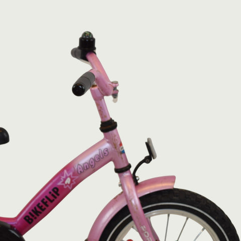 14.34 - BikeFlip, 14 inch fiets, roze kinderfiets, terugtraprem, geen versnellingen, kabelslot, fiets voor kinderen 95-105 cm