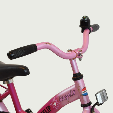 14.34 - BikeFlip, 14 inch fiets, roze kinderfiets, terugtraprem, geen versnellingen, kabelslot, fiets voor kinderen 95-105 cm