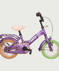 Paarse Loekie kinderfiets, 12 inch. Met een groene fietsband.