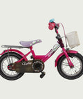 12.67 - BikeFlip, refurbished 12 inch, roze fiets, bloemen thema, mandje voor, terugtraprem, handrem, kabelslot, stevig