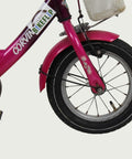 12.67 - BikeFlip, refurbished 12 inch, roze fiets, bloemen thema, mandje voor, terugtraprem, handrem, kabelslot, stevig