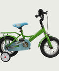 12.40 - BikeFlip, kinderfiets, 12 inch, groene fiets, blauw zadel, terugtraprem, handrem, geen versnellingen, kabelslot