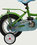 12.40 - BikeFlip, kinderfiets, 12 inch, groene fiets, blauw zadel, terugtraprem, handrem, geen versnellingen, kabelslot