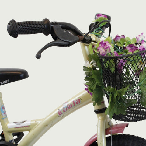 12.42 - BikeFlip, kinderfiets, 12 inch, gouden fiets, bloemenmandje, terugtraprem, handrem, geen versnellingen, kabelslot