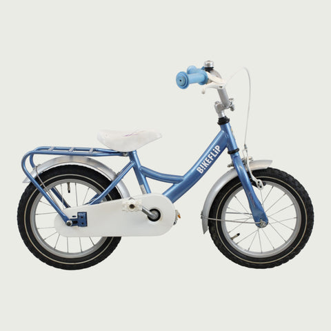 14.33 - BikeFlip , 14 inch fiets, blauwe kinderfiets, terugtraprem en handrem, geen versnellingen, kabelslot, kinder fiets