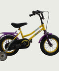 12.76 - BikeFlip, 12 inch kinderfiets, geel en paars, Loekie, terugtraprem, handrem, kabelslot, vrolijk, voor beginners fiets