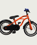 14.38 - BikeFlip, 14 inch fiets, oranje fiets, terugtraprem en handrem, geen versnellingen, kabelslot, verlichting