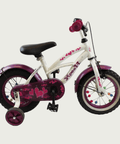 12.31 - BikeFlip, 12 inch kinderfiets, wit paars fiets, hartjes, terugtraprem, handrem, kabelslot, optionele zijwieltjes