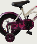 12.31 - BikeFlip, 12 inch kinderfiets, wit paars fiets, hartjes, terugtraprem, handrem, kabelslot, optionele zijwieltjes