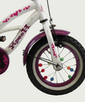 12.31 - BikeFlip, 12 inch kinderfiets, wit paars fiets, hartjes, terugtraprem, handrem, kabelslot, optionele zijwieltjes