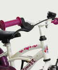 12.31 - BikeFlip, 12 inch kinderfiets, wit paars fiets, hartjes, terugtraprem, handrem, kabelslot, optionele zijwieltjes