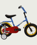 12.52 - BikeFlip, kinderfiets, 12 inch, blauw, rood, geel, hoog stuur, hoog zadel, terugtraprem, kabelslot, zijwieltjes