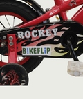 12.130 - BikeFlip, 12 inch kinderfiets, Rocky fiets, rode kinderfiets, terugtraprem, handrem, zijwieltjes, kabelslot