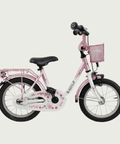14.32 - BikeFlip , 14 inch fiets, mandje voorop, terugtraprem en handrem, geen versnellingen, kabelslot, roze kinderfiets
