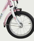 14.32 - BikeFlip , 14 inch fiets, mandje voorop, terugtraprem en handrem, geen versnellingen, kabelslot, roze kinderfiets