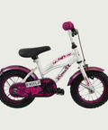 12.133 - BikeFlip, 12 inch kinderfiets, witte kinderfiets, paarse kinderfiets, hartjes fiets, handremmen, zijwieltjes