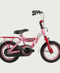 12.68 - BikeFlip, 12 inch kinderfiets, roze en rood, sterren design, achterrekje, terugtraprem, handrem, kabelslot, stoer