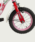 12.68 - BikeFlip, 12 inch kinderfiets, roze en rood, sterren design, achterrekje, terugtraprem, handrem, kabelslot, stoer