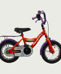 12.50 - BikeFlip, kinderfiets, 12 inch, oranje, paars, fiets, dino design, terugtraprem, handrem, kabelslot, zijwieltjes