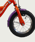 12.50 - BikeFlip, kinderfiets, 12 inch, oranje, paars, fiets, dino design, terugtraprem, handrem, kabelslot, zijwieltjes
