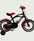 12.158 - BikeFlip, 12 inch kinderfiets, zwarte fiets, rode accenten, terugtraprem, handrem, achterrekje, zijwieltjes