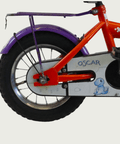 12.50 - BikeFlip, kinderfiets, 12 inch, oranje, paars, fiets, dino design, terugtraprem, handrem, kabelslot, zijwieltjes
